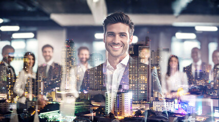 Double exposure of smart businessman and his team at office meeting with city night background - 751972685