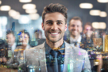 Double exposure of smart businessman and his team at office meeting with city night background - 751972687