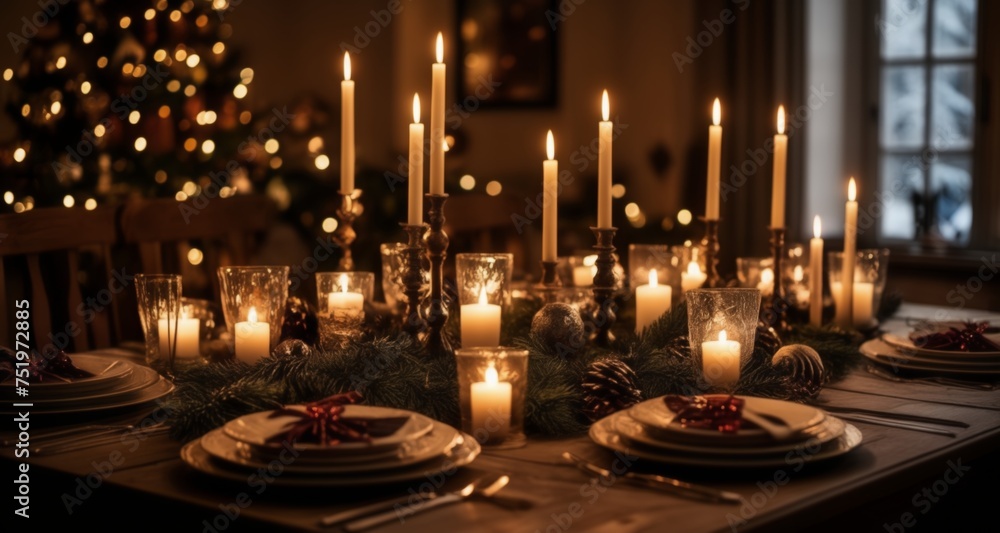 Canvas Prints  Cozy Christmas feast with candlelight and festive decorations