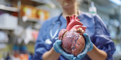 Doctor holding plastic heart on hand, heart patient 