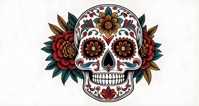  Elegant skull adorned with vibrant flowers, a symbol of life's beauty amidst mortality
