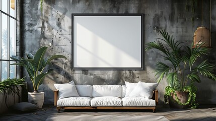 modern living room with white sofa and a frame