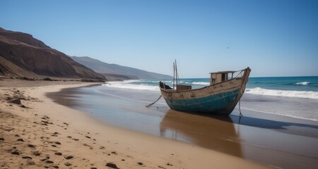 Naklejka na ściany i meble Abandoned boat on a deserted beach