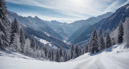 Fototapeta na wymiar Snowy mountain vista, winter wonderland
