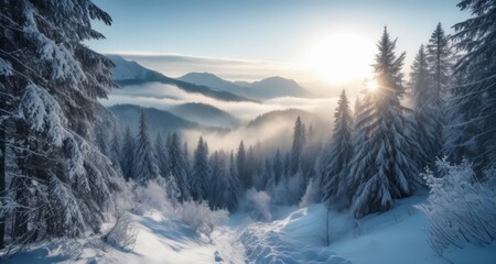 Fototapeta na wymiar Snowy mountain sunrise, serene winter landscape