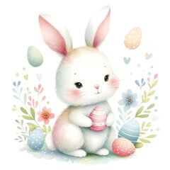 Illustration of a joyful Easter bunny among a vibrant array of painted eggs and a lush frame of spring flowers, evoking the festive spirit of the season.