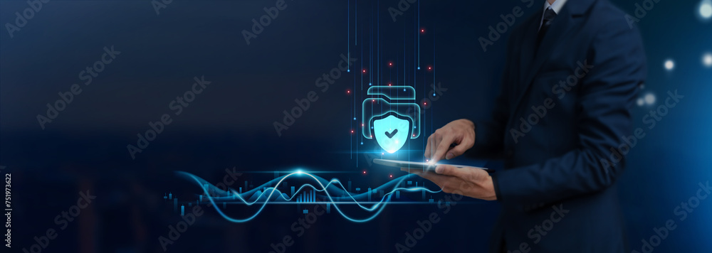 Poster privacy and data protection: businessman use tablet on secure global networking, ensuring confidenti