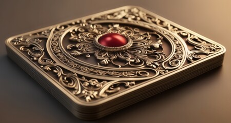  Elegant jewelry box with intricate design and red gemstone