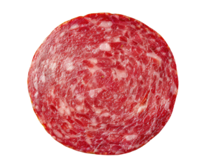 Round slice of salami isolated on transparent background, top view