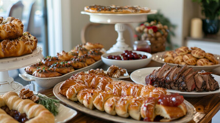 A mouthwatering display of Hanukkah delicacies including jellyfilled doughnuts rugelach cookies and savory brisket ready to be enjoyed by family and friends at a festive holiday