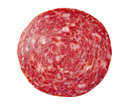 Round slice of salami isolated on transparent background, top view