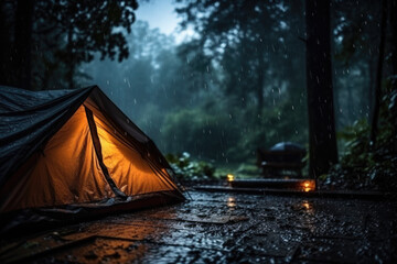 Rain on a tent in the forest - obrazy, fototapety, plakaty