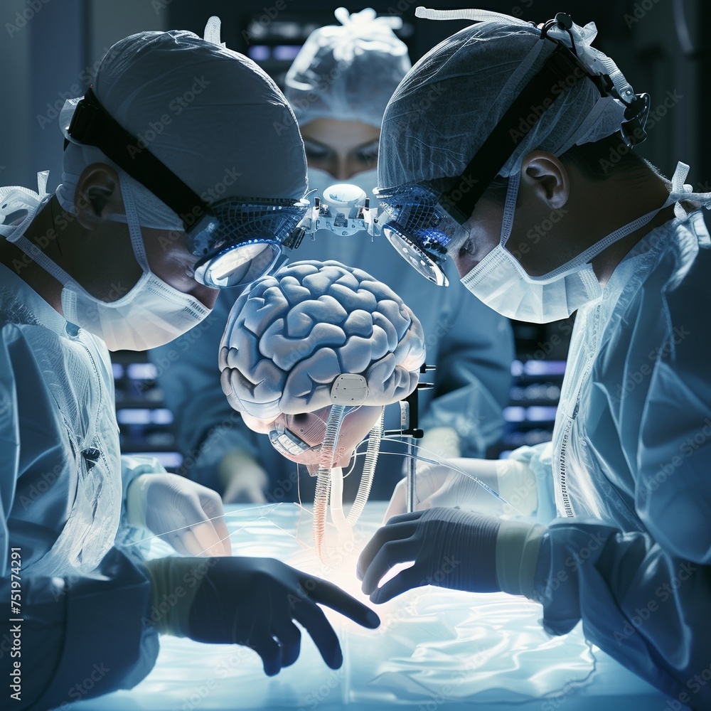 Poster through the glowing haze of nanobot-infused operating theaters in 2140, surgeons perform 'synaptic r