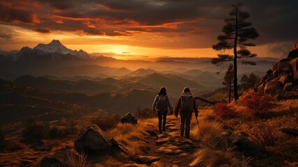Fototapeta premium hiking in a breathtaking landscape with golden hour lighting