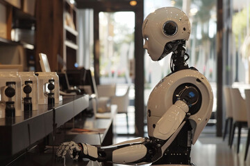 robot performing tasks in a workplace. Artificial intelligence makes coffee