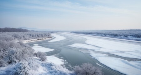  Wintry serenity - A frozen river amidst a snowy landscape