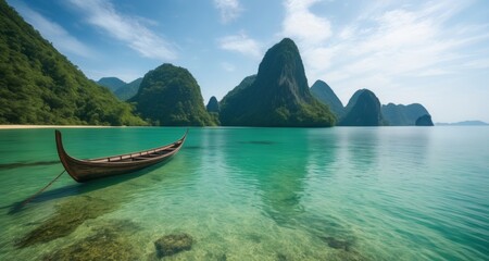  Tranquil waterscape with a traditional boat amidst a stunning natural backdrop