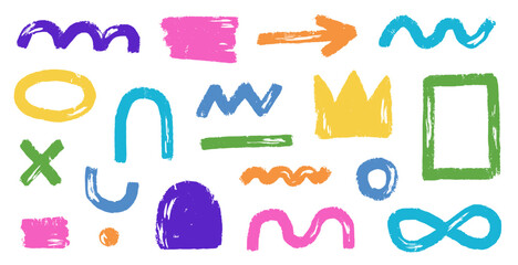 Abstract element shape set. Color graphic modern abstract sticker element. Doodle geometric collage star, crown, heart shape set. Hand drawn texture grunge brush modern effect. Vector illustration