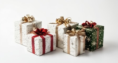 Fototapeta premium Five beautifully wrapped gifts, ready for a festive surprise!