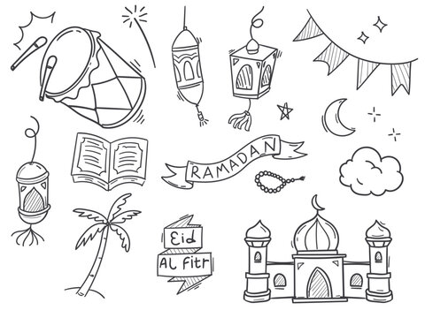 Hand drawn doodle set element related to eid mubarak and ramadan