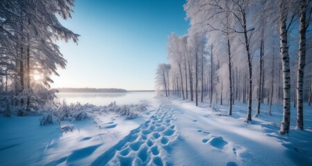 Obraz premium Snowy serenity - A tranquil winter forest path