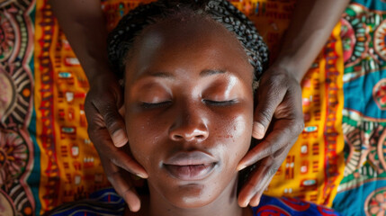 A young woman lies on a traditional African mat receiving a soothing massage from her healer. The patients eyes are closed in relaxation as the healer uses a mixture of massage