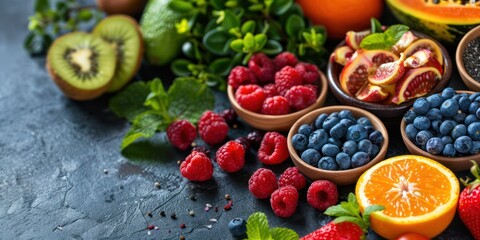fruit and berries with healthy fruit and health food