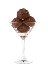 ice cream scoops in cocktail glass on white background
