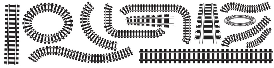 Vector illustration of curved railroad isolated on white background. Straight and curved railway train track icon set. Perspective view railroad train pathes. 