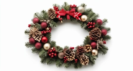Fototapeta na wymiar Elegant Christmas wreath with pine cones and berries