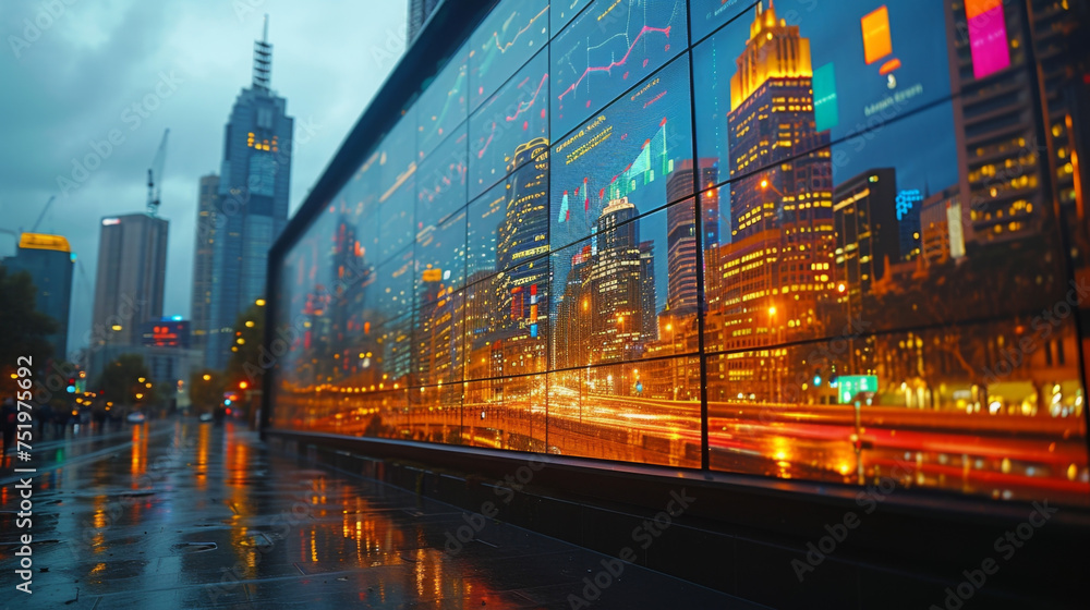 Aufkleber a digital screen displaying a city skyline with different buildings representing different budget ca