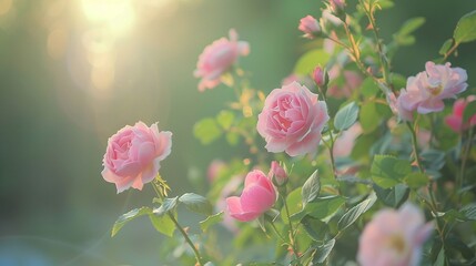 The landscape of rose flowers in a field, a blurred background.