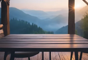 Tafelkleed Wooden terrace with scenic foggy mountain view at sunrise. © Tetlak