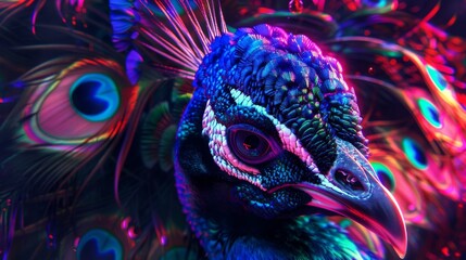 Radiant peacock adorned with neon feathers - obrazy, fototapety, plakaty