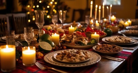 Fototapeta na wymiar Elegant Christmas feast with candlelight and festive decorations