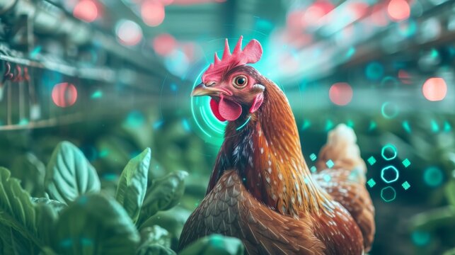 A hybrid image of a chicken roboticized in a high-tech farm house setting