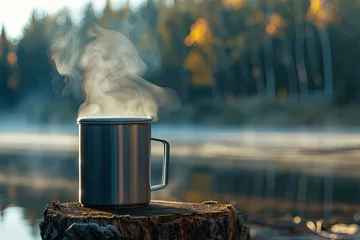 Schilderijen op glas Touristic mug with hot tea on a wooden stump near the lake and autumn forest © Aleksandr Bryliaev