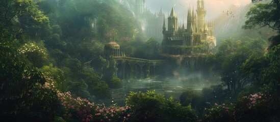 Fantastical Portrayal of Enchanted Palace Nestled in Sprawling Forest, Towering Spires and Grand Courtyards Amidst Lush Greenery and Vibrant Blooms, Ethereal Mist Swirling Around Turrets and Bridges, - obrazy, fototapety, plakaty