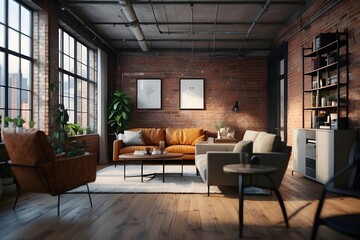 Fototapeta na wymiar Blurred Industrial Apartment Interior Design Idea. Brick wall New-York style living room. Blurry Home office illustration. Blur effect for background wallpaper or website page. Generative AI. 