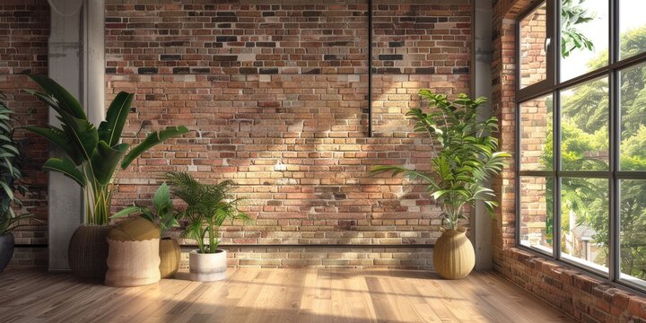 interior of the big room with a brick wall empty room with big window in loft style brick wall with plant in a modern interior