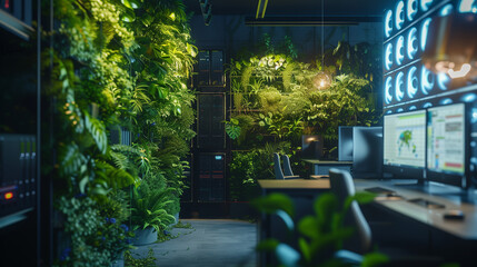 green tech workspace with lush plant life