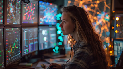 Woman monitoring data screens in control room
