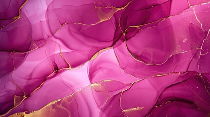 Stunning magenta alcohol ink swirls on a minimalist purple marble background accented with golden cracks