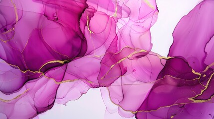 Stunning magenta alcohol ink swirls on a minimalist purple marble background accented with golden cracks