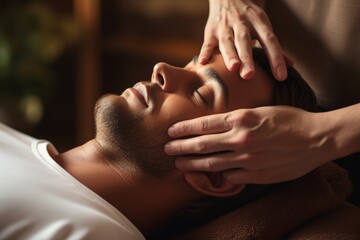 
Close-up of a professional female masseur providing a soothing head massage to a man