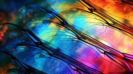 Psychedelic dragonfly wings under microscope colorful abstract texture