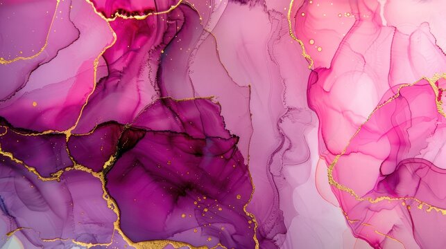 Stunning magenta alcohol ink swirls on a minimalist purple marble background accented with golden cracks