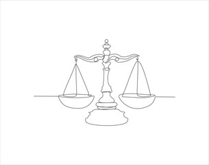 Continuous Line Drawing Of Law Balance And Scale Of Justice. One Line Of Symbol Of Equality. Balance Scales Continuous Line Art. Editable Outline.