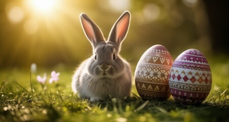 Fototapeta na wymiar Easter joy with a bunny and eggs!