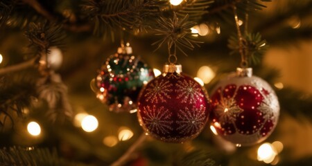 Obraz na płótnie Canvas Joyful Christmas tree adorned with festive ornaments and twinkling lights